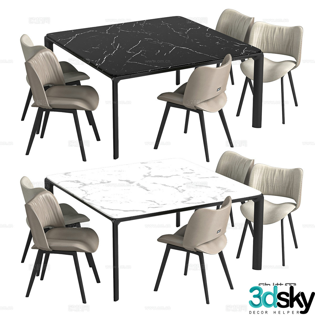 Square table dining chair combination 3D model