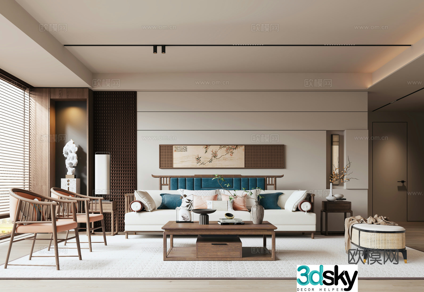 New Chinese style living room sofa background wall sofa coffee table combination 3D model