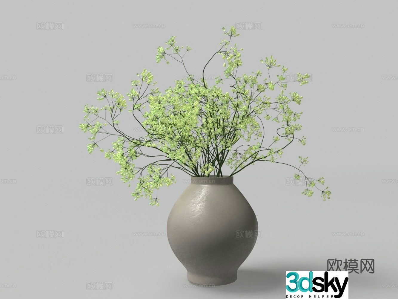 Chinese pottery vase green plants flowers 3D model