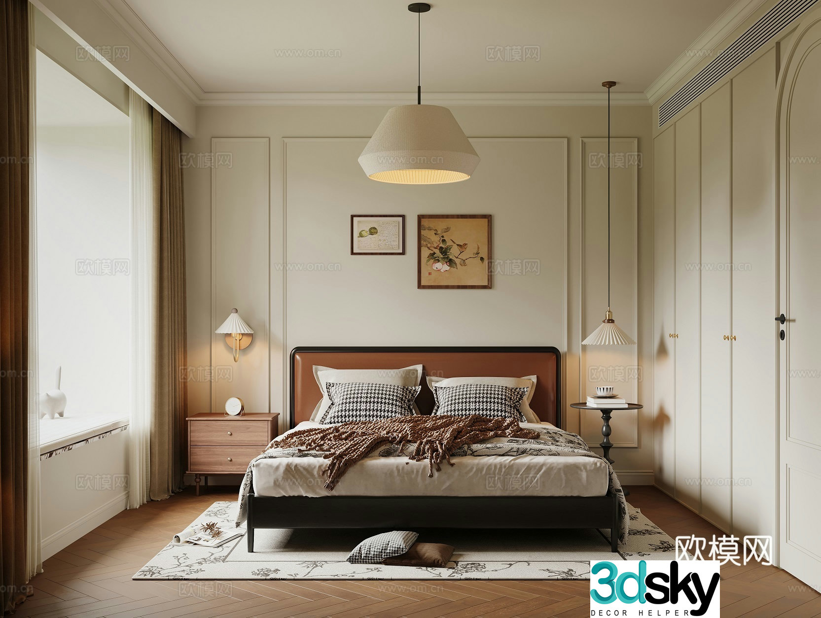 Cream retro style bedroom 3d model