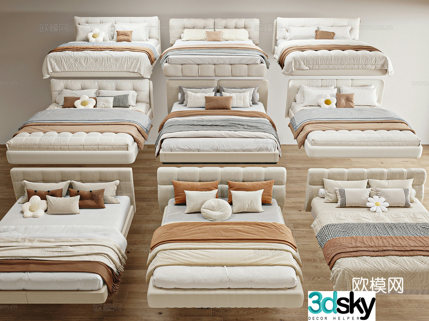 Modern cream style double bed 3d model
