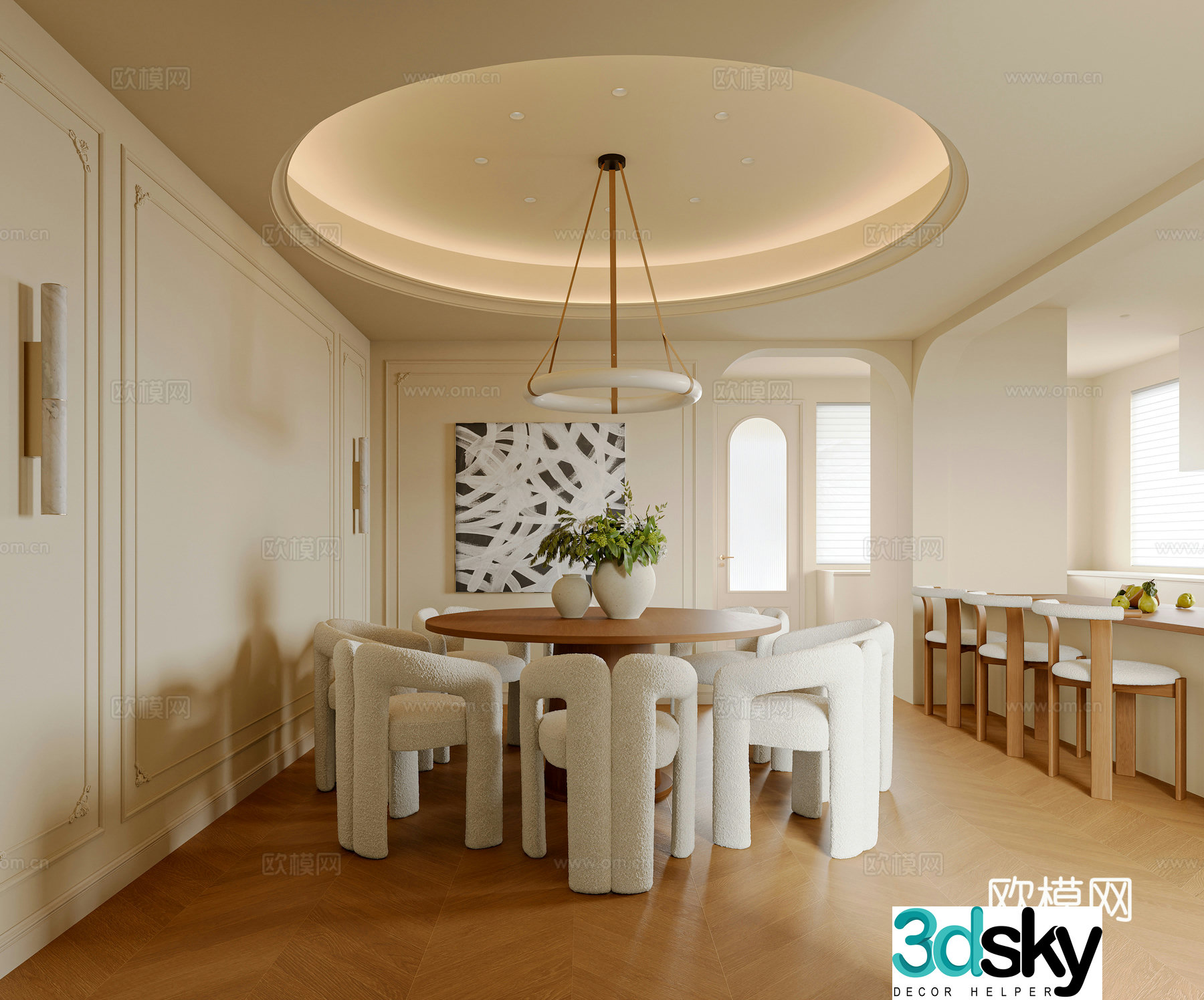 French Cream Restaurant Round Dining Table Chandelier Hanging Painting Card Dining Chair 3D Model