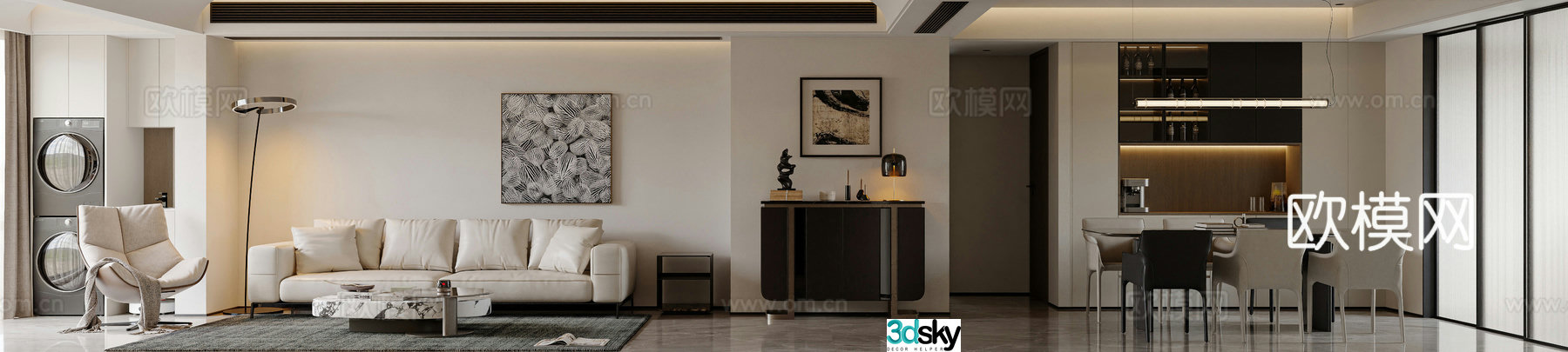Modern light luxury living and dining room 3D model