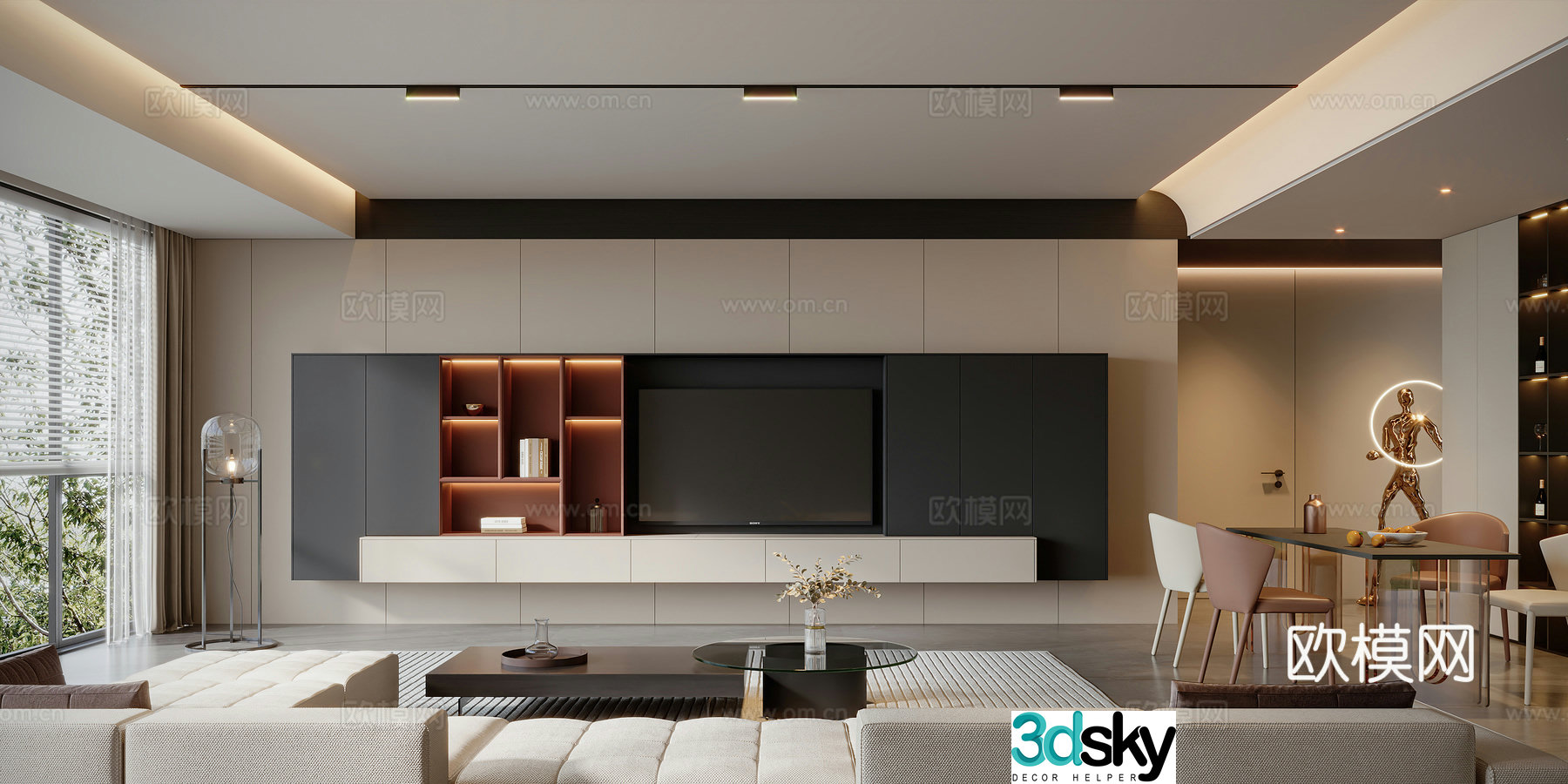 Modern large flat living room 3d model