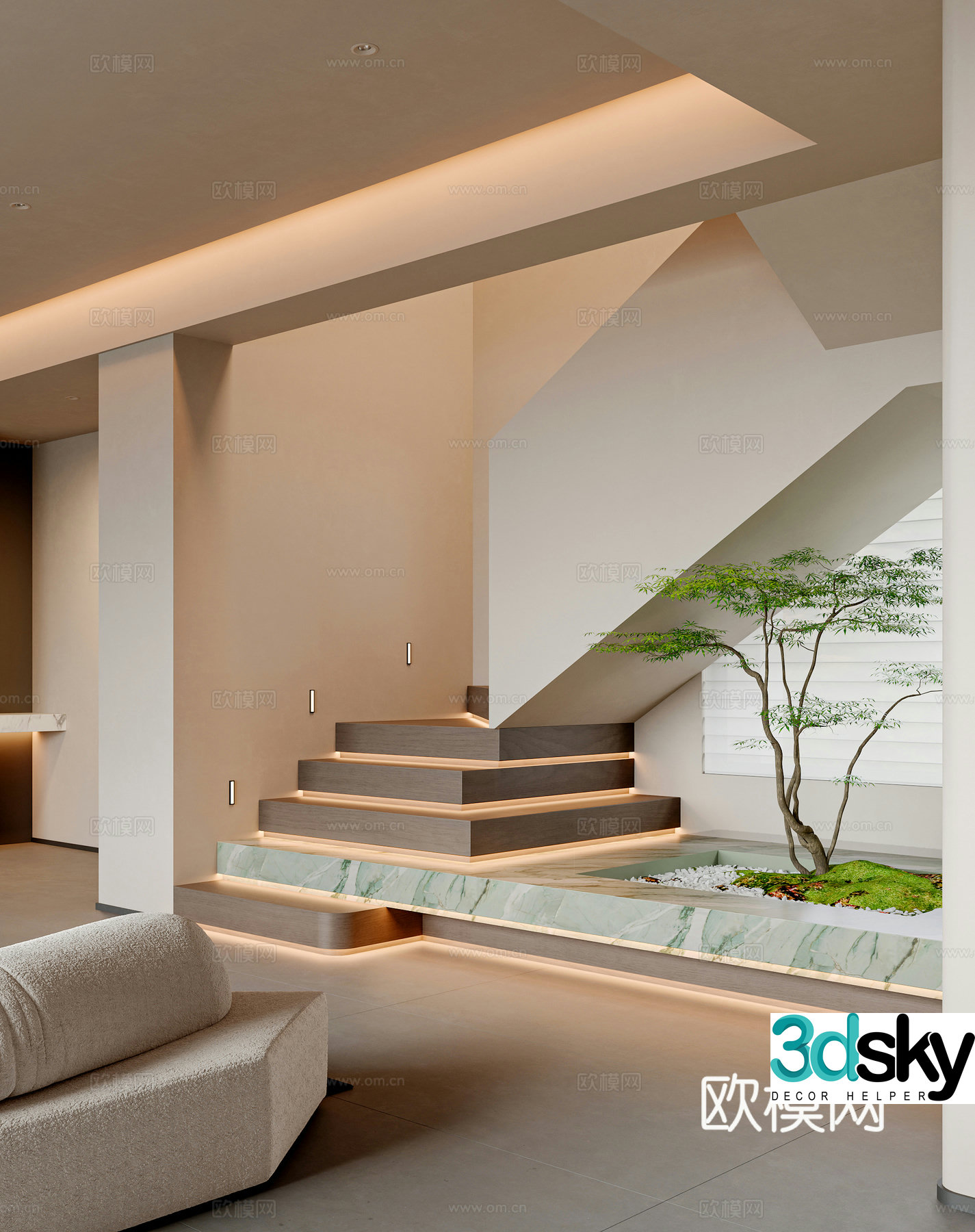 Modern minimalist landscape bonsai potted plants stairwell landscape 3d model