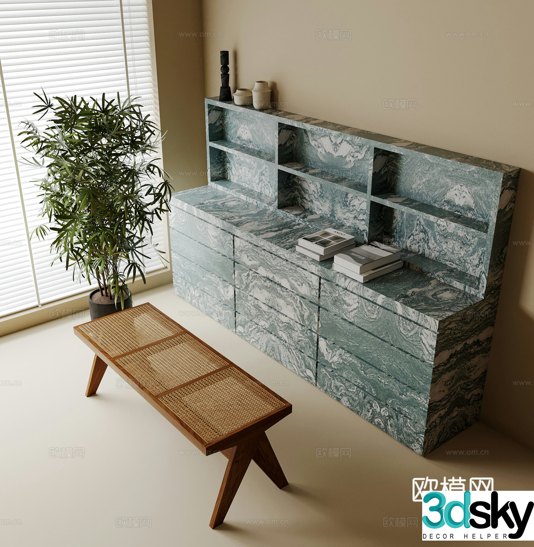 Modern sideboard low stool green plants ornaments 3D model