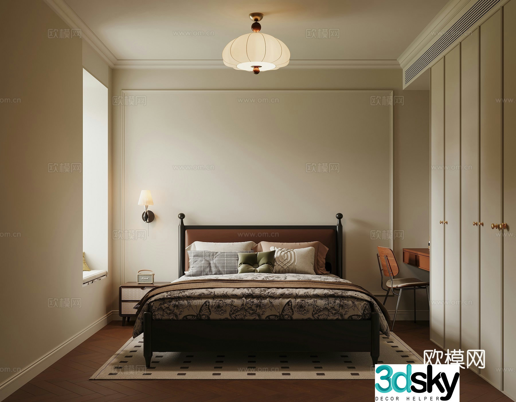 Cream retro style bedroom 3d model