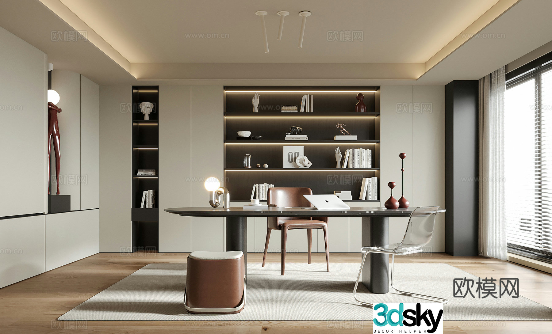 Modern study desk chair stool bookcase 3d model