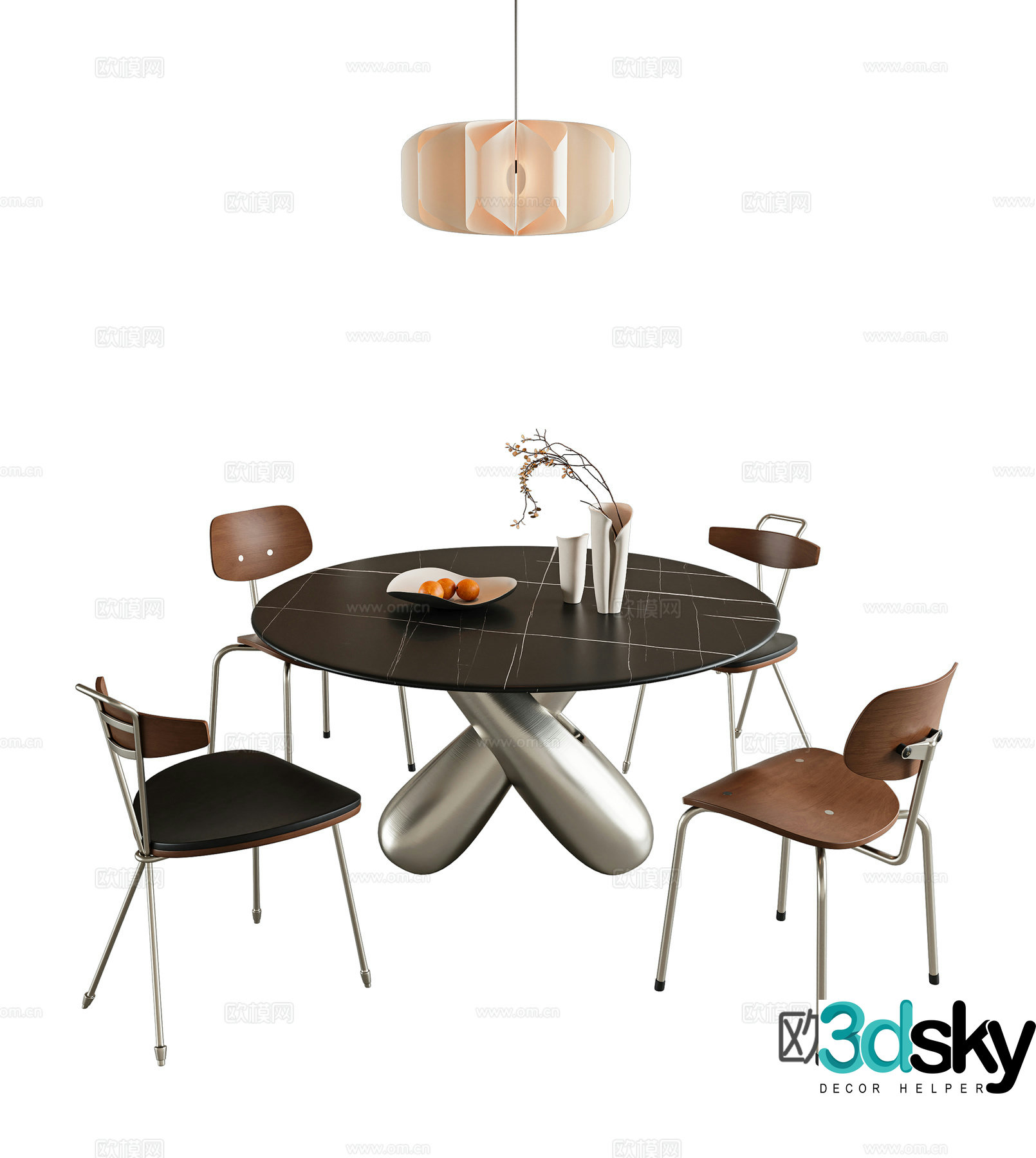 Minimalist dining table and chair combination Round dining table Four-person dining table Metal dining table Stainless steel dining chair Single 3D model