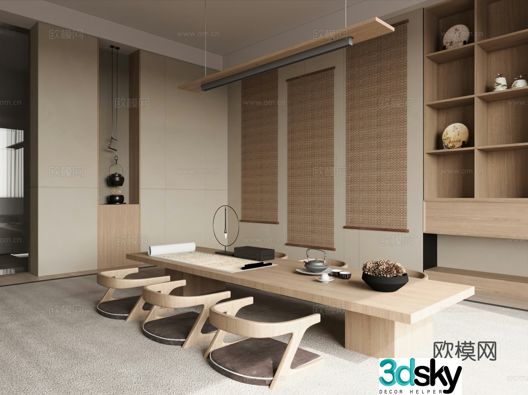 New Chinese-style tea room tea room cabinet short tea table and chair 3D model