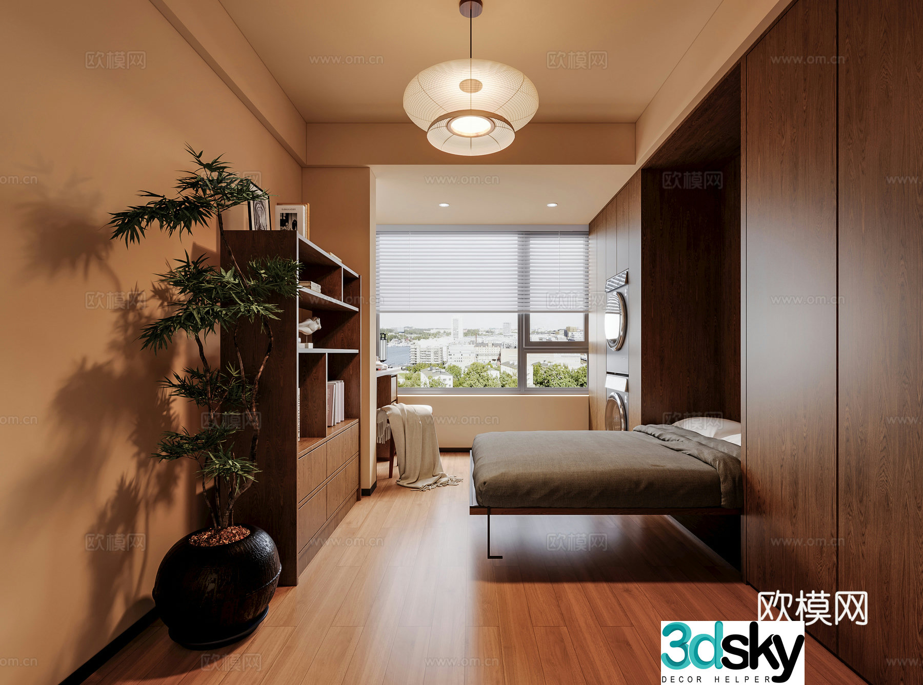 Middle-aged bedroom Study room Retro bedroom Folding bed Study room Desk Bookcase Dressing table 3D model
