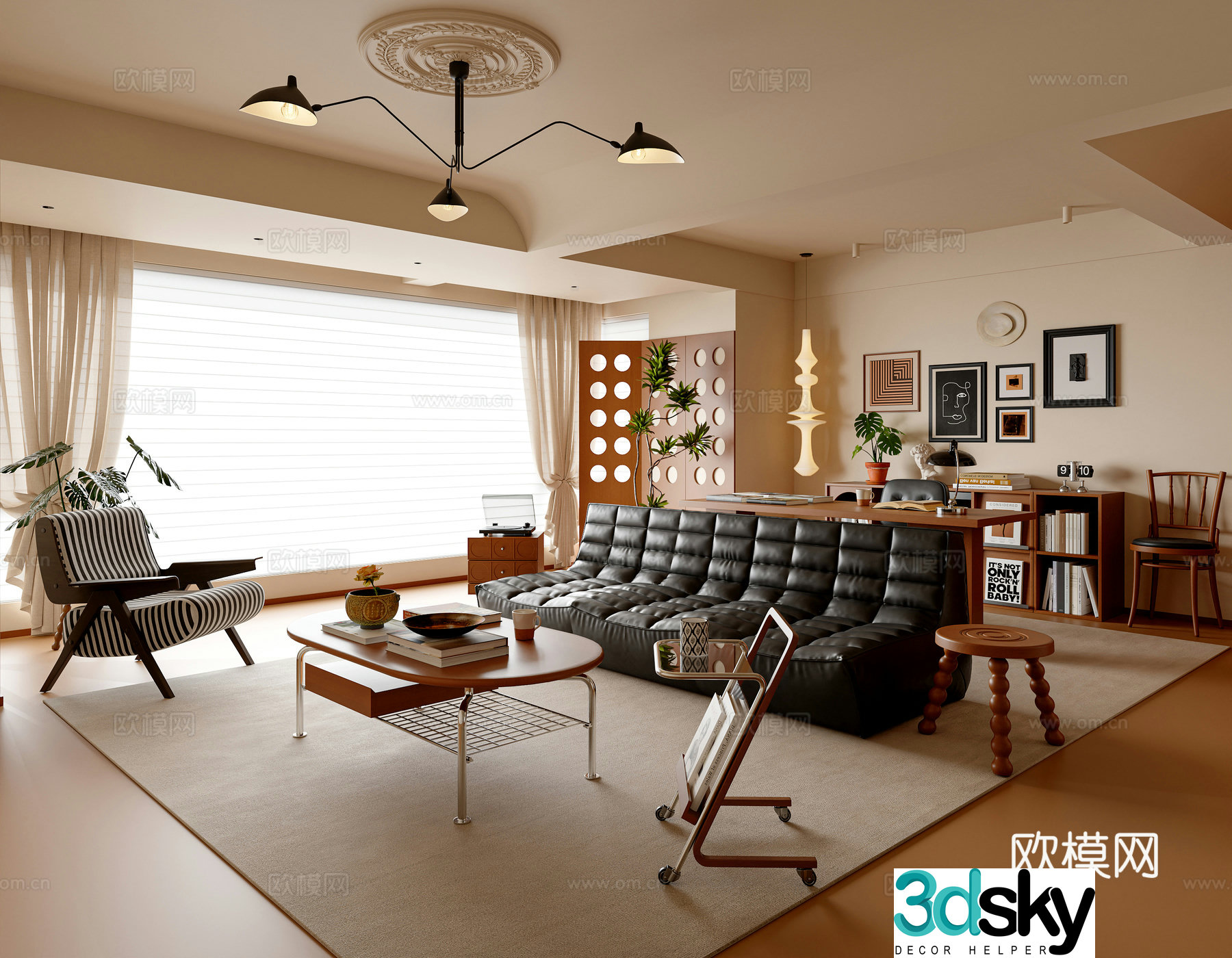 Modern medieval style living room sofa and coffee table combination desk and chair bookshelf living room and study 3D model