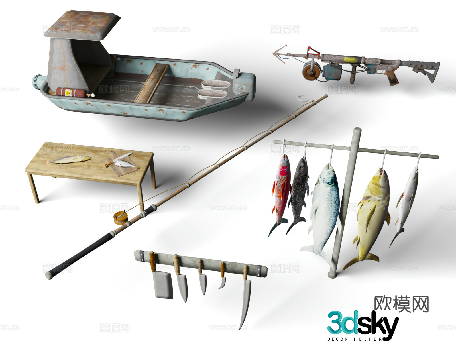 Fishing boat Fishing equipment Fishing rod Pu whale rob sea fish salted fish fish 3D model