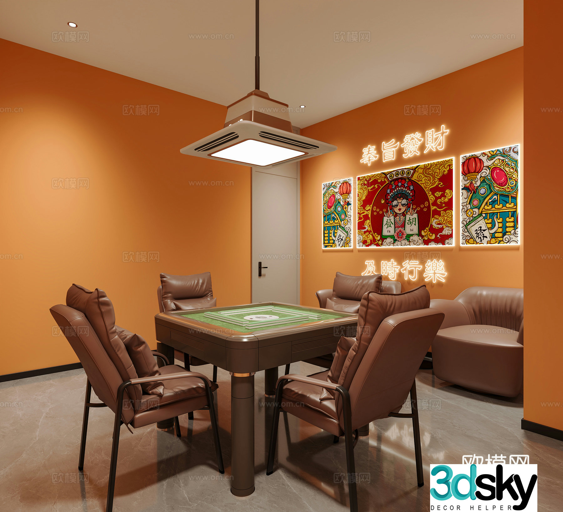 Modern chess and card room Mahjong hall Mahjong table Chess and card table Mahjong hall chandelier Sofa Wine Cabinet 3D Model