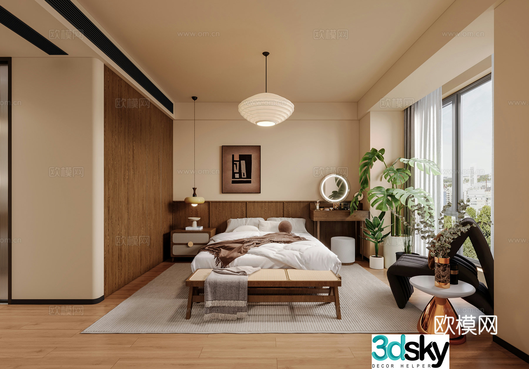 Middle-aged bedroom retro bedroom leisure chair side table corner table dressing table new Chinese bedroom 3D model
