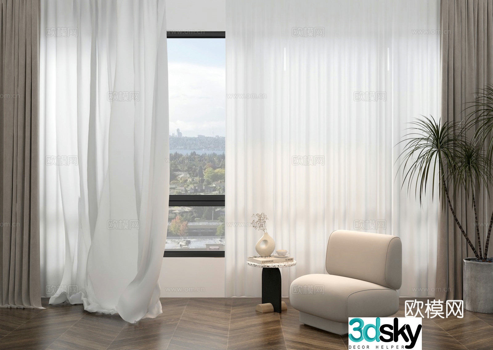 Modern cream curtains and screens lazy sofa 3d model