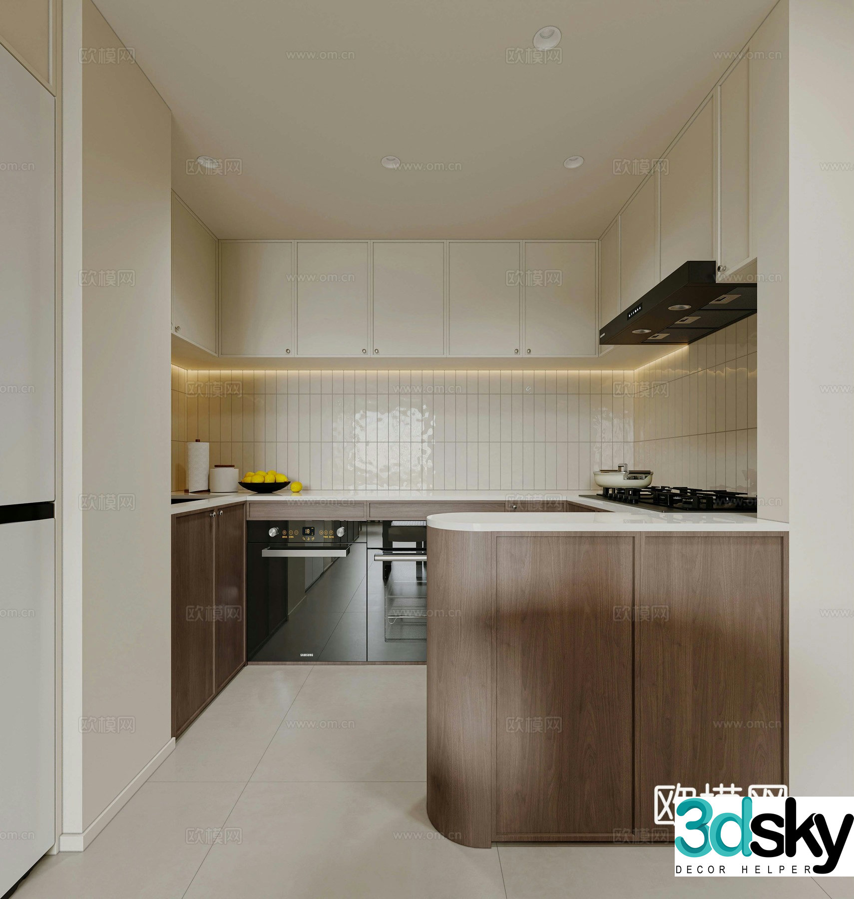 Cream retro style open kitchen 3d model