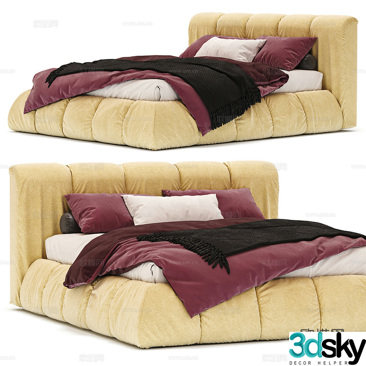 Simple double bed Tofu block double bed Fabric double bed Bedding equipment Platform bed 3D model