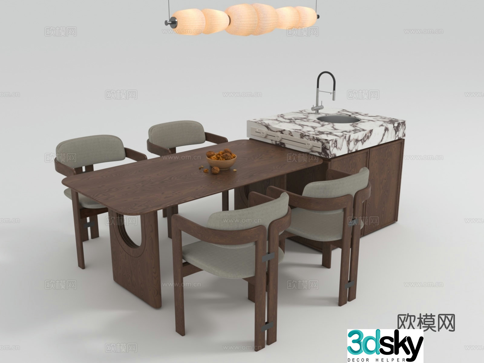 Medium style island dining table and chair combination 3D model