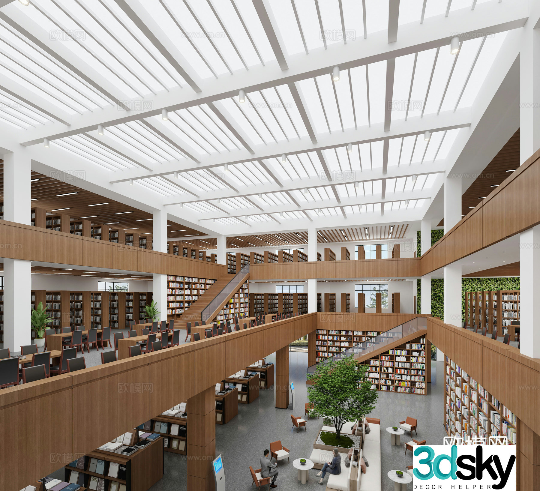 Library Bookshelf Table and Chair Combination 3D Model