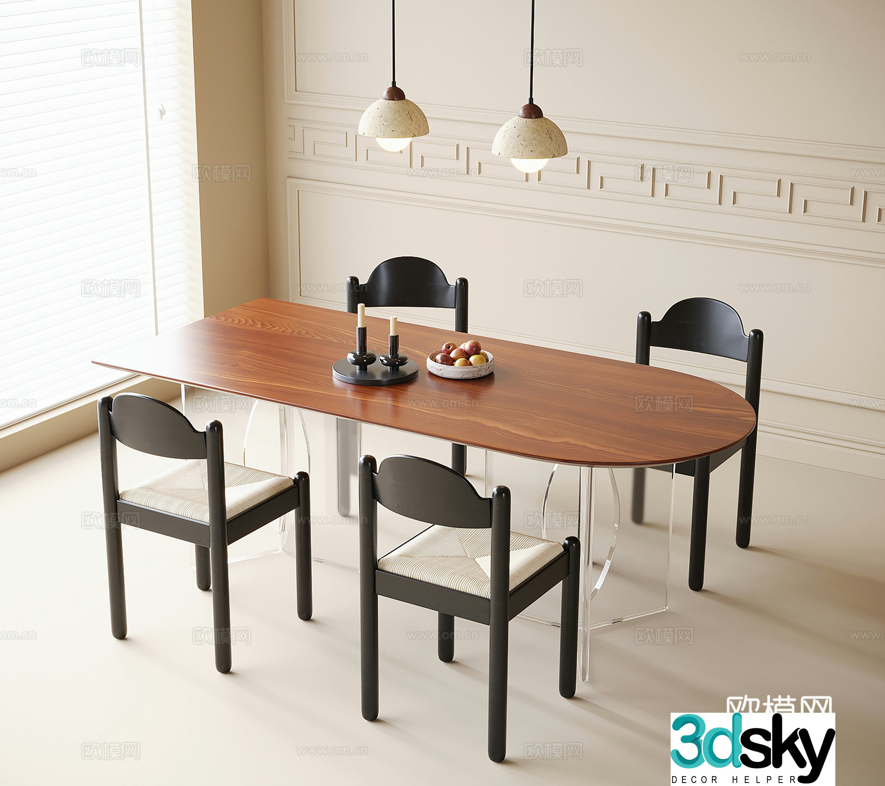 French dining table and chair combination dining chair dining table single chair 3d model