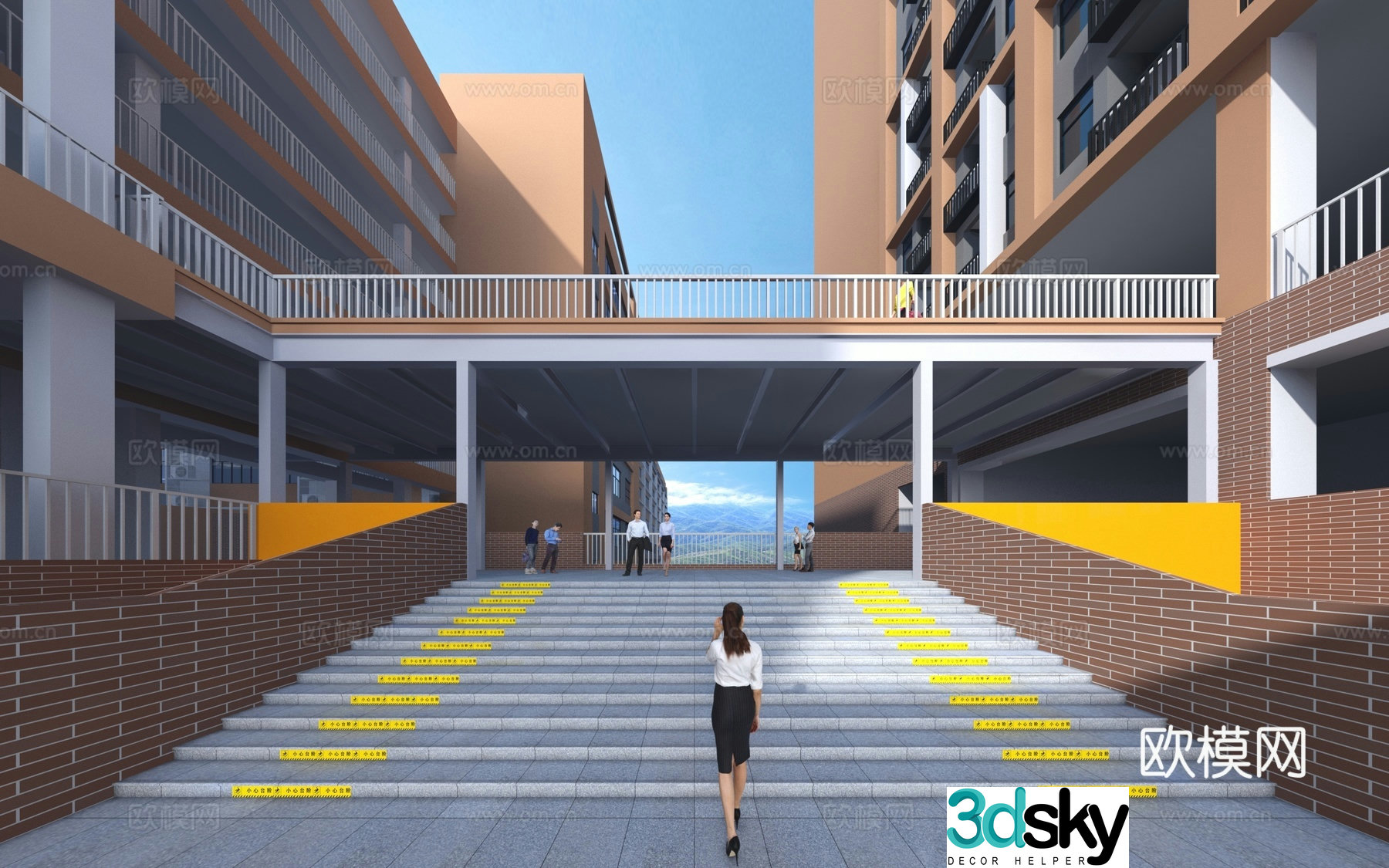 Steel structure corridor steps school building 3d model