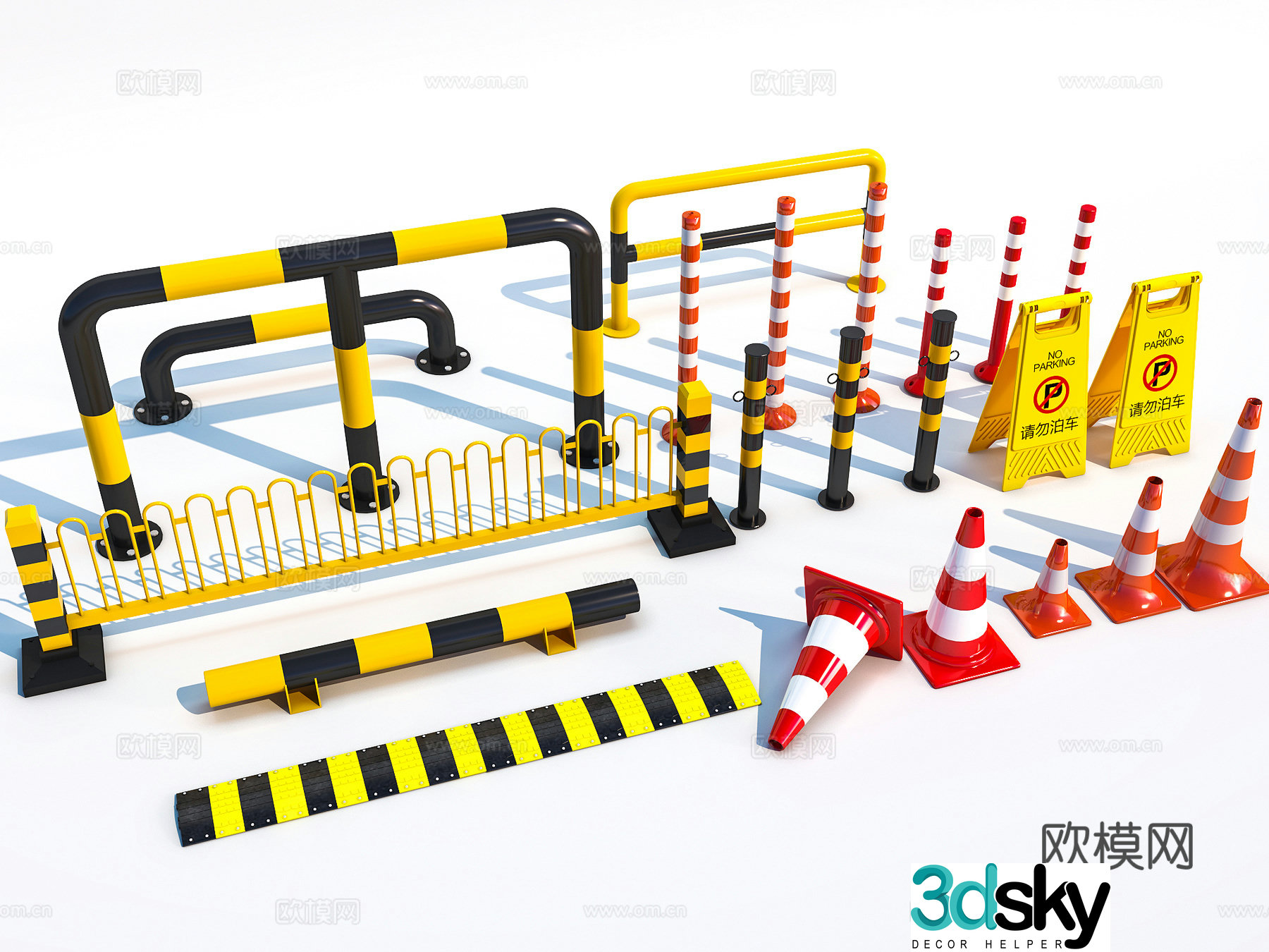 Modern roadblocks traffic accessories traffic cones traffic guardrails car barriers parking equipment 3D model