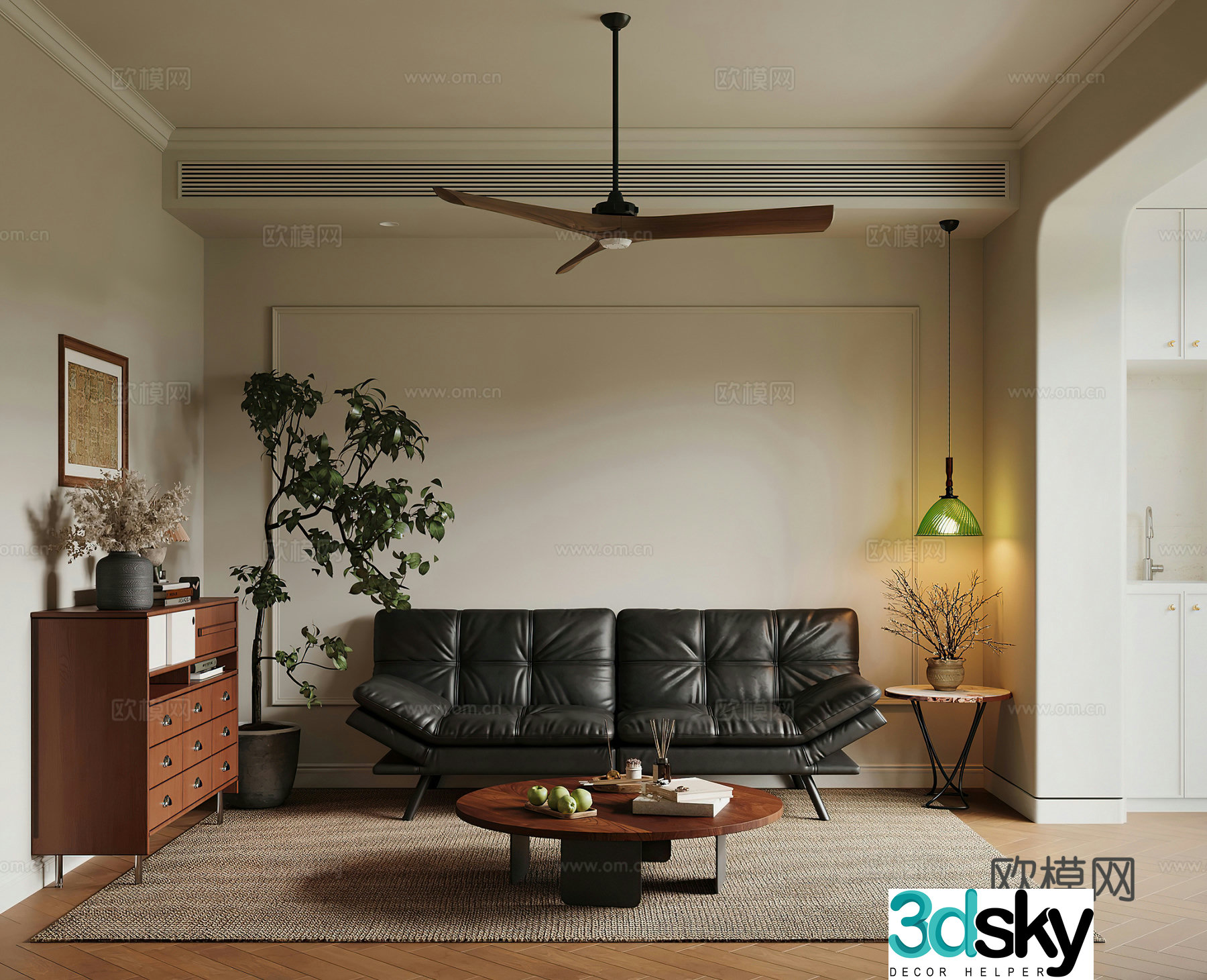 Middle style living room combination sofa entrance cabinet chest of drawers decorative cabinet fan light retro living room 3D model
