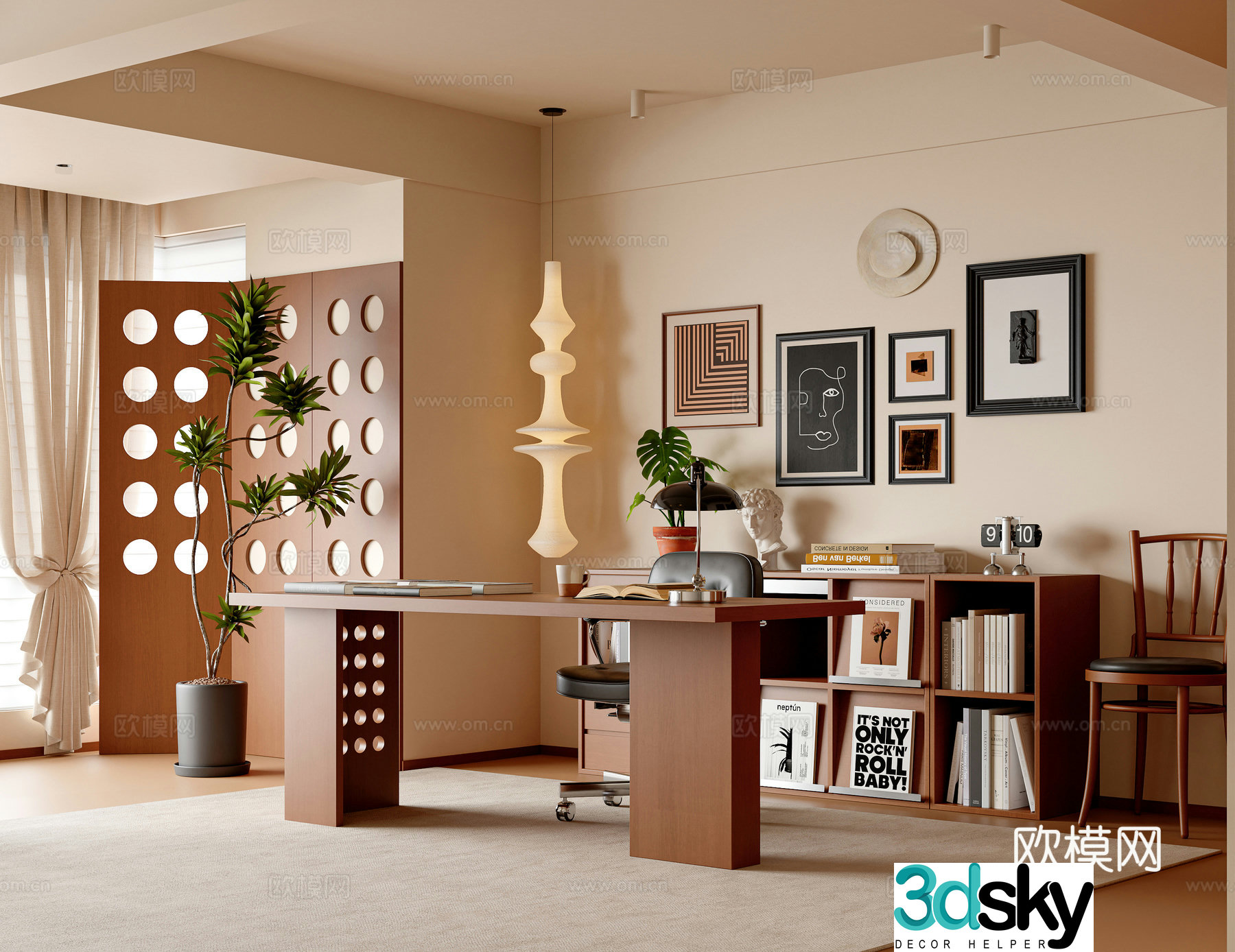 Medium-old cream style study desk and chair living room study bookshelf potted plant floor lamp 3d model