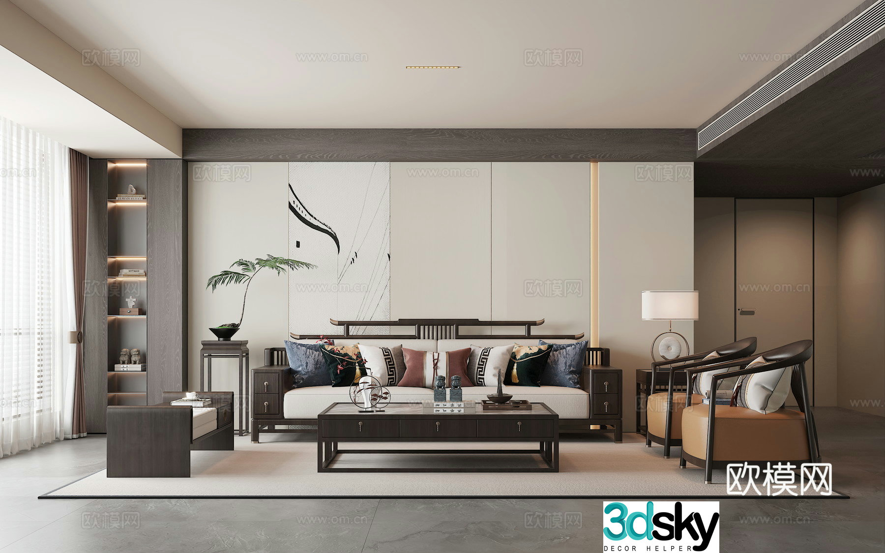 New Chinese style living room living room without lights new Chinese style sofa sofa background 3d model