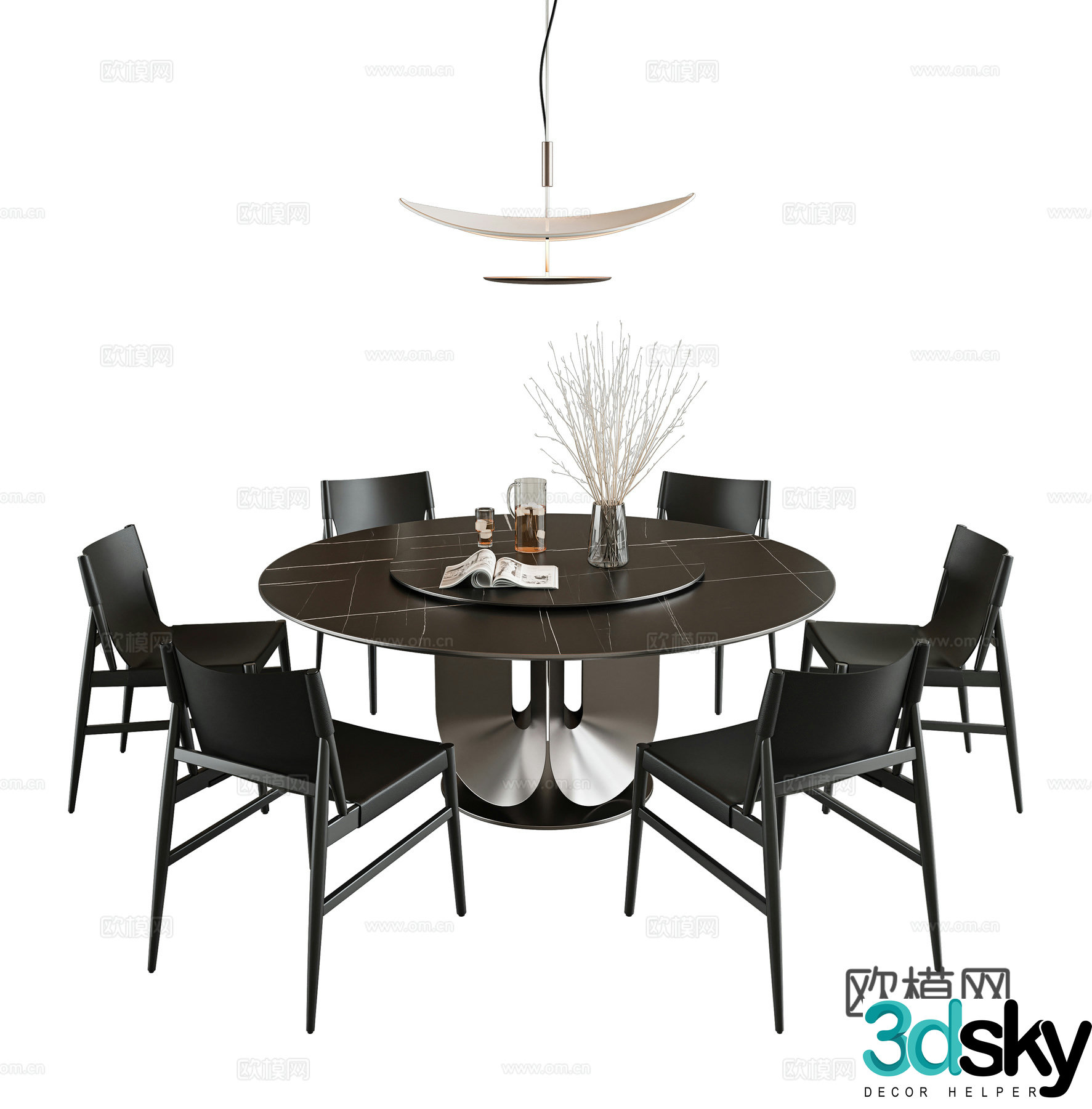 Italian dining table and chair combination round dining table rock table six-person dining table turntable dining table leather 3D model