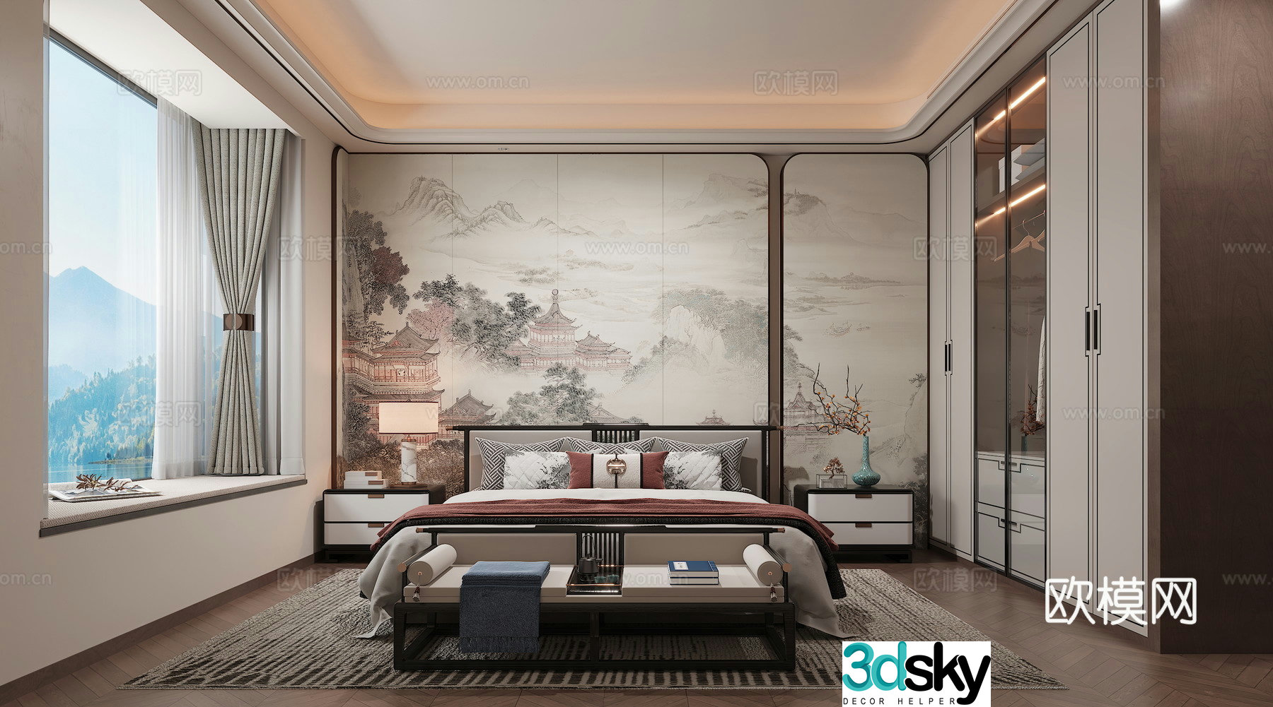 New Chinese style master bedroom New Chinese style bed 3D model