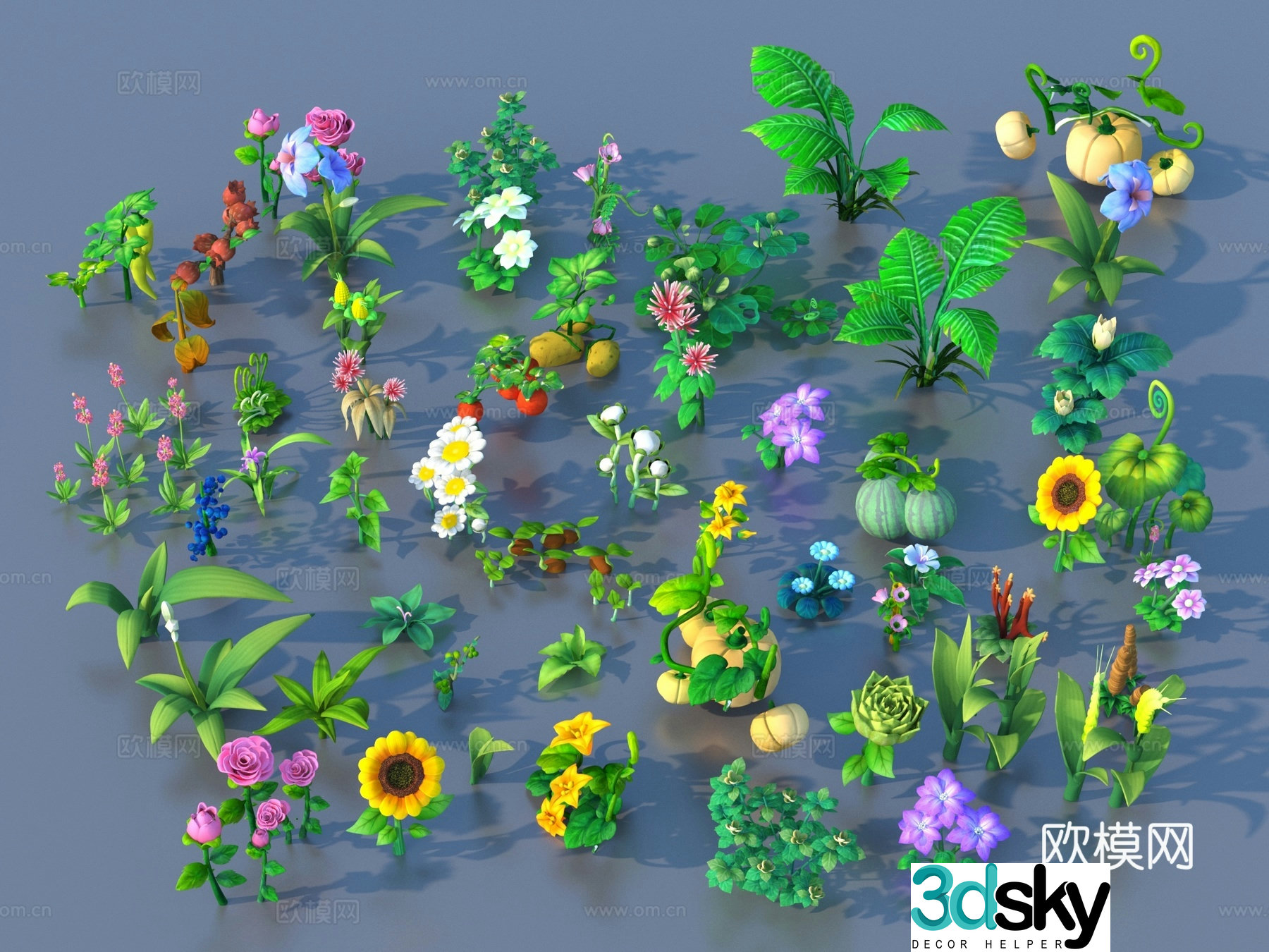 Cartoon Plants Shrub Flowers and Plants 3d Model