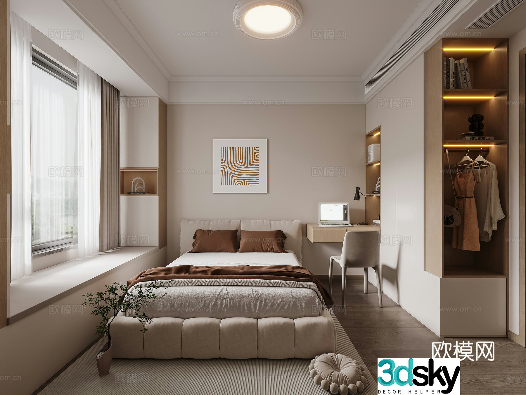Modern Secondary Bedroom Desk Link Wardrobe Chair Hanging Painting 3D Model