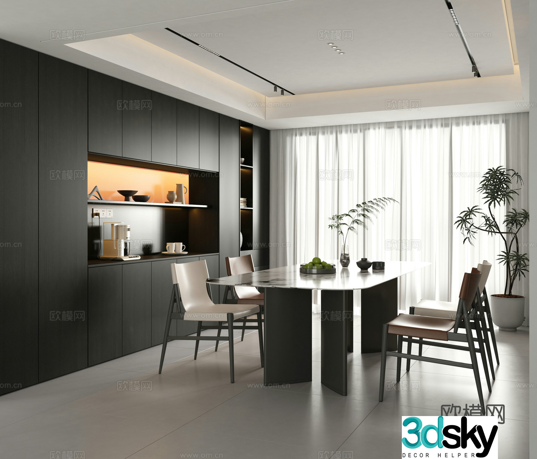 Italian minimalist home restaurant strip dining table and chairs dark style restaurant 3d model