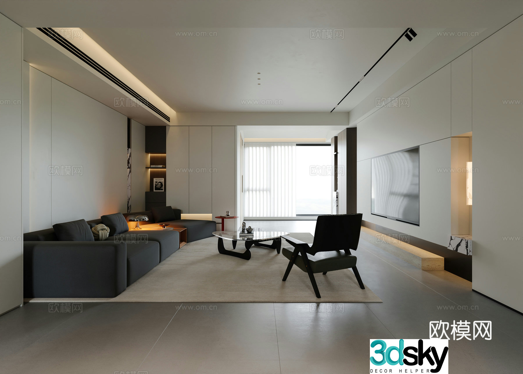Modern minimalist living and dining room 3D model