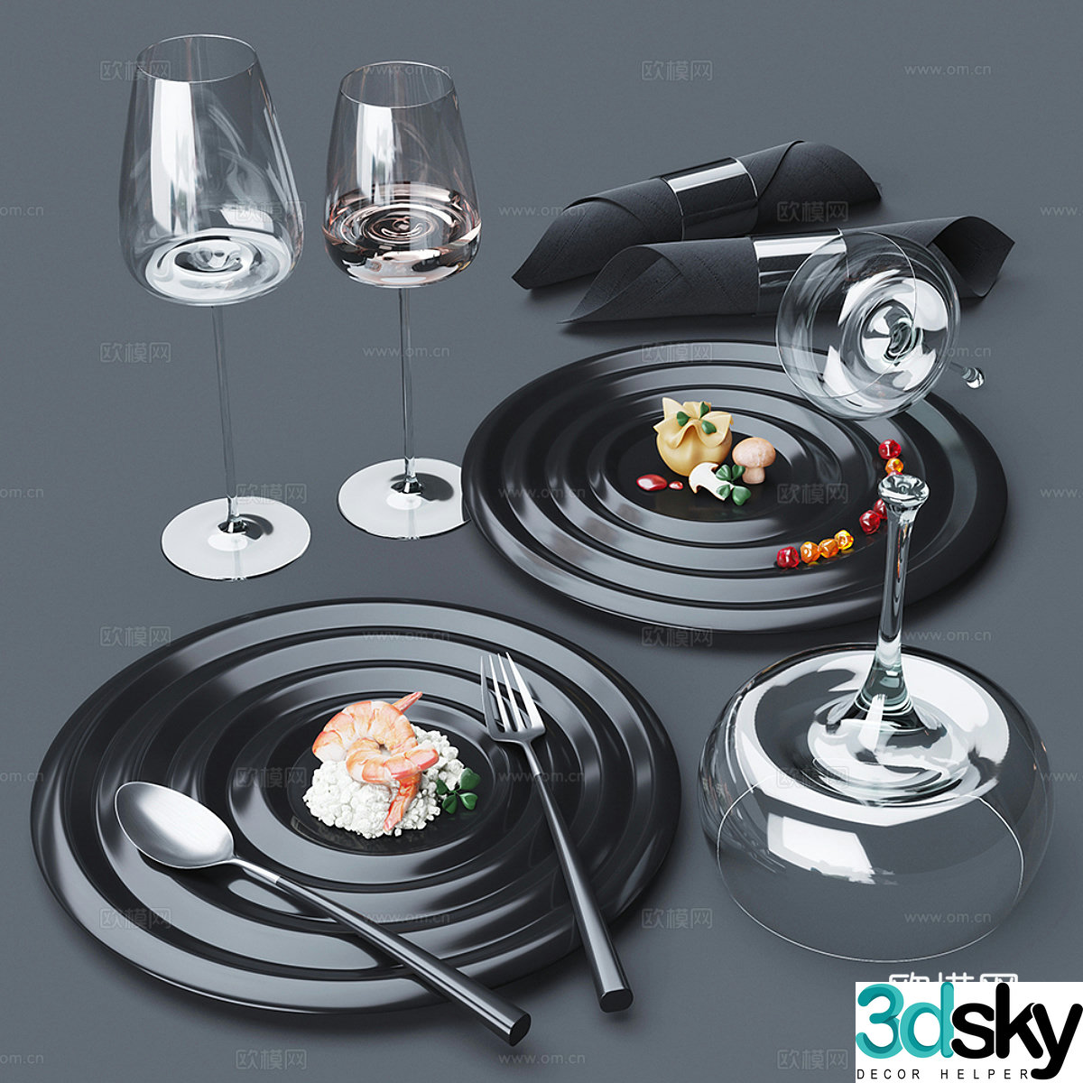 Simple tableware tableware combination dining tableware decorations knife and fork bowl and dish glass wine glass high 3d model