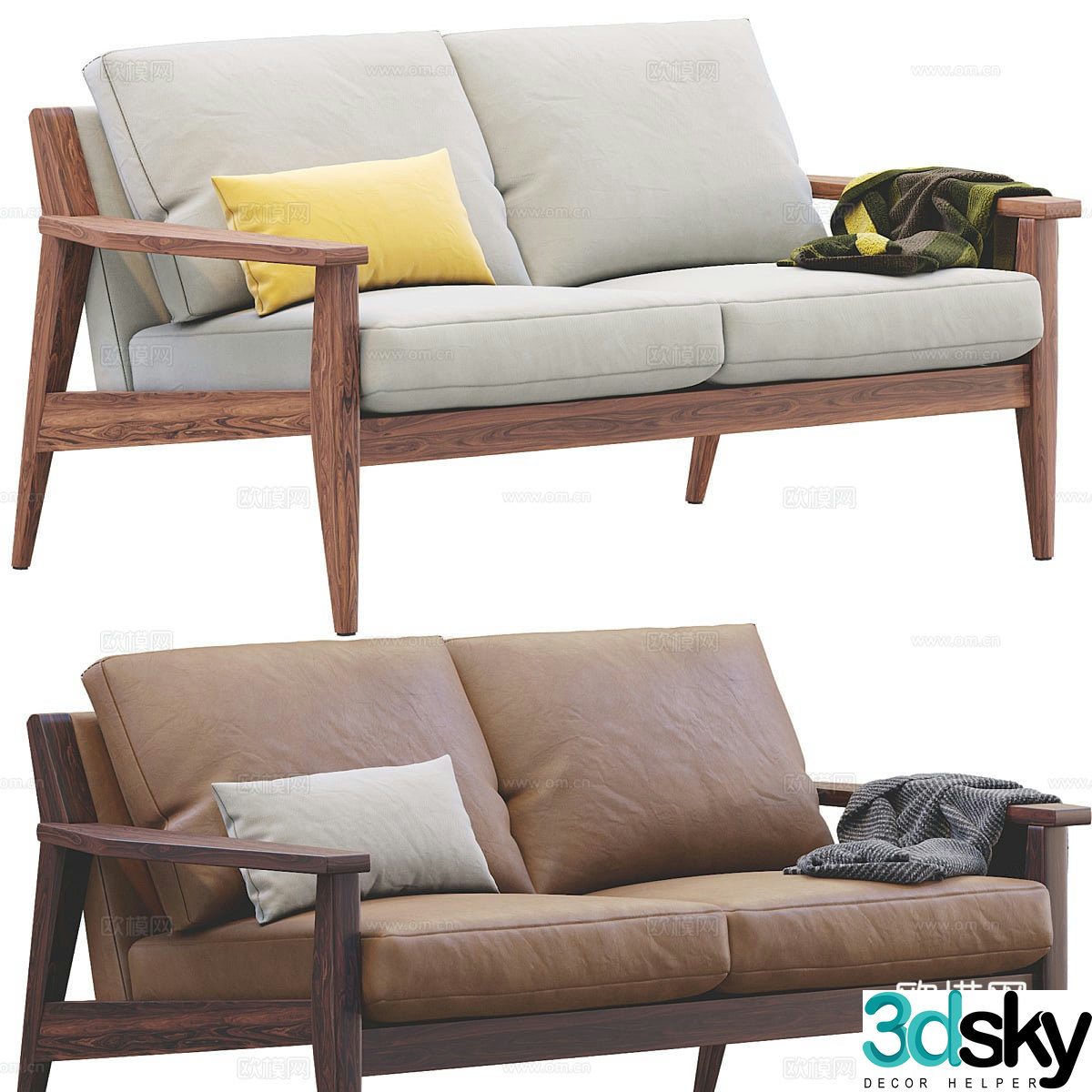 New Chinese West Elm Wooden Sofa 3D Model