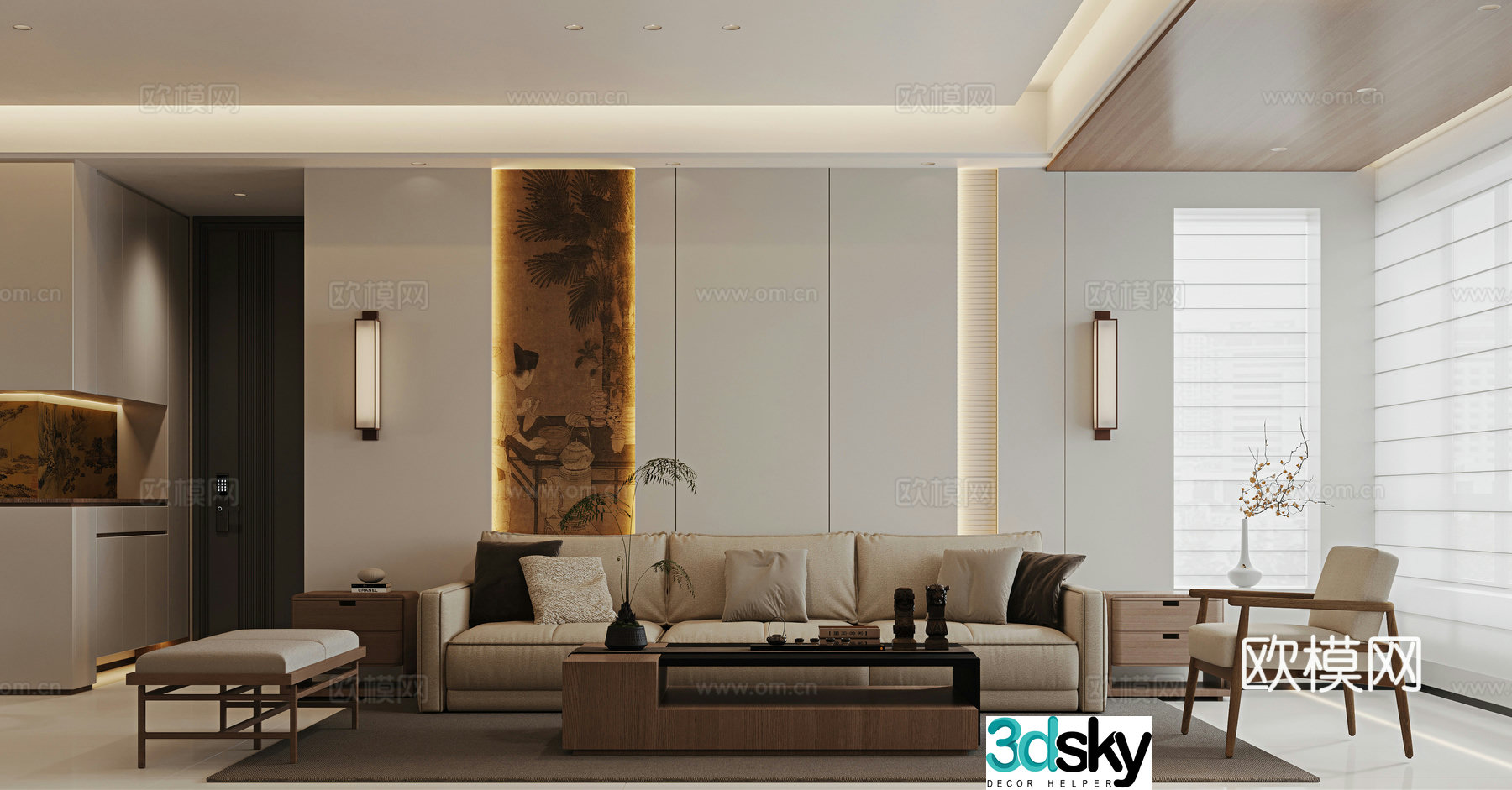 New Chinese style living room sofa background 3d model