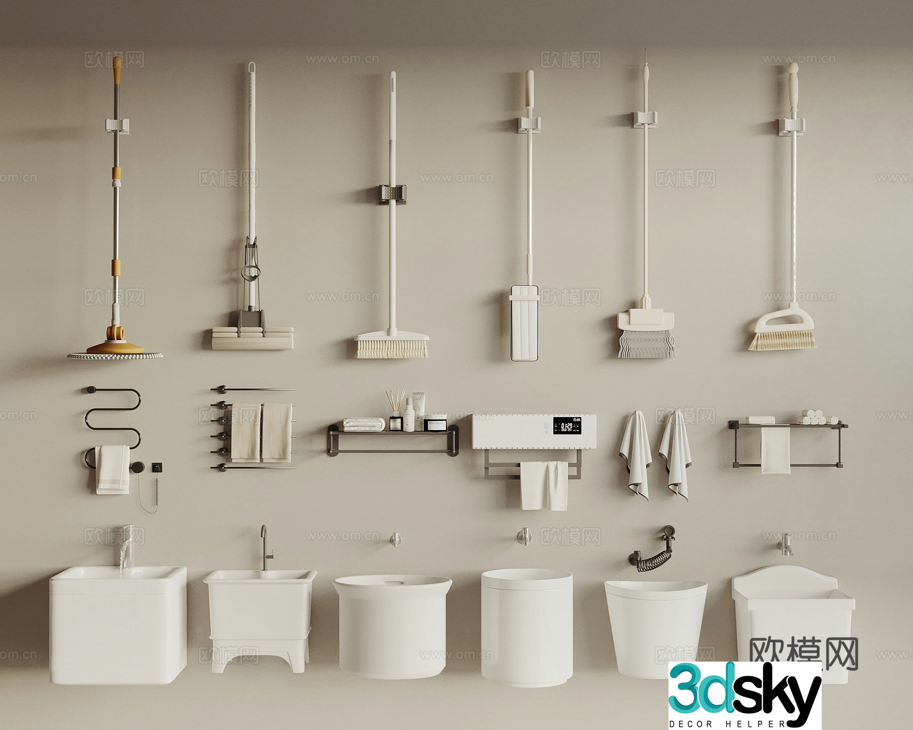 Mop pool broom mop towel rack 3d model