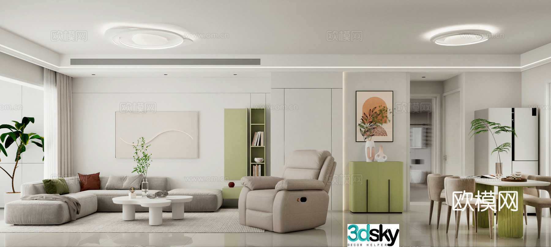 Modern minimalist living and dining room 3D model