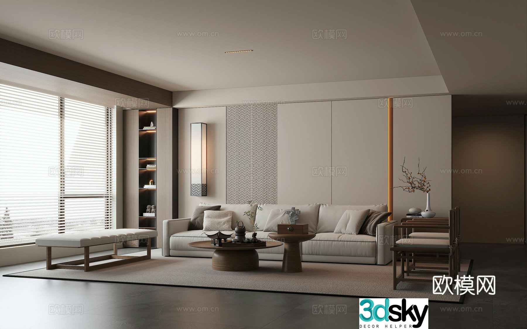 New Chinese Zen Living Room Combination Sofa 3D Model