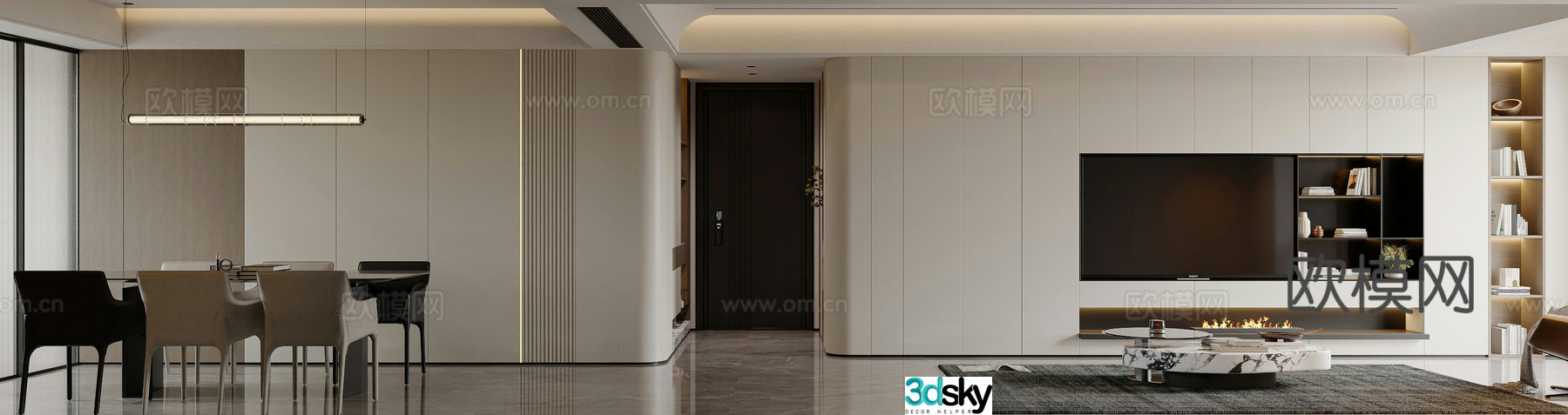 Modern living and dining room 3d model