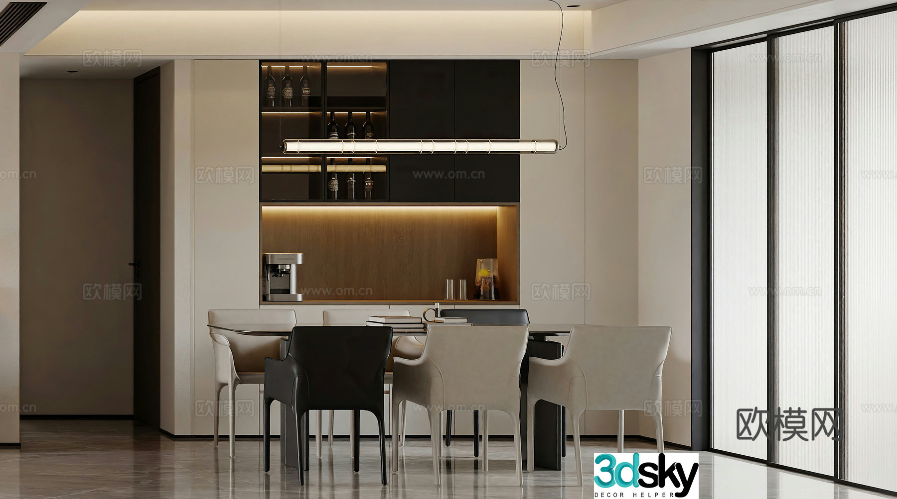 Modern restaurant Wine cabinet Light luxury restaurant Modern living restaurant Simple chandelier dining table 3D model