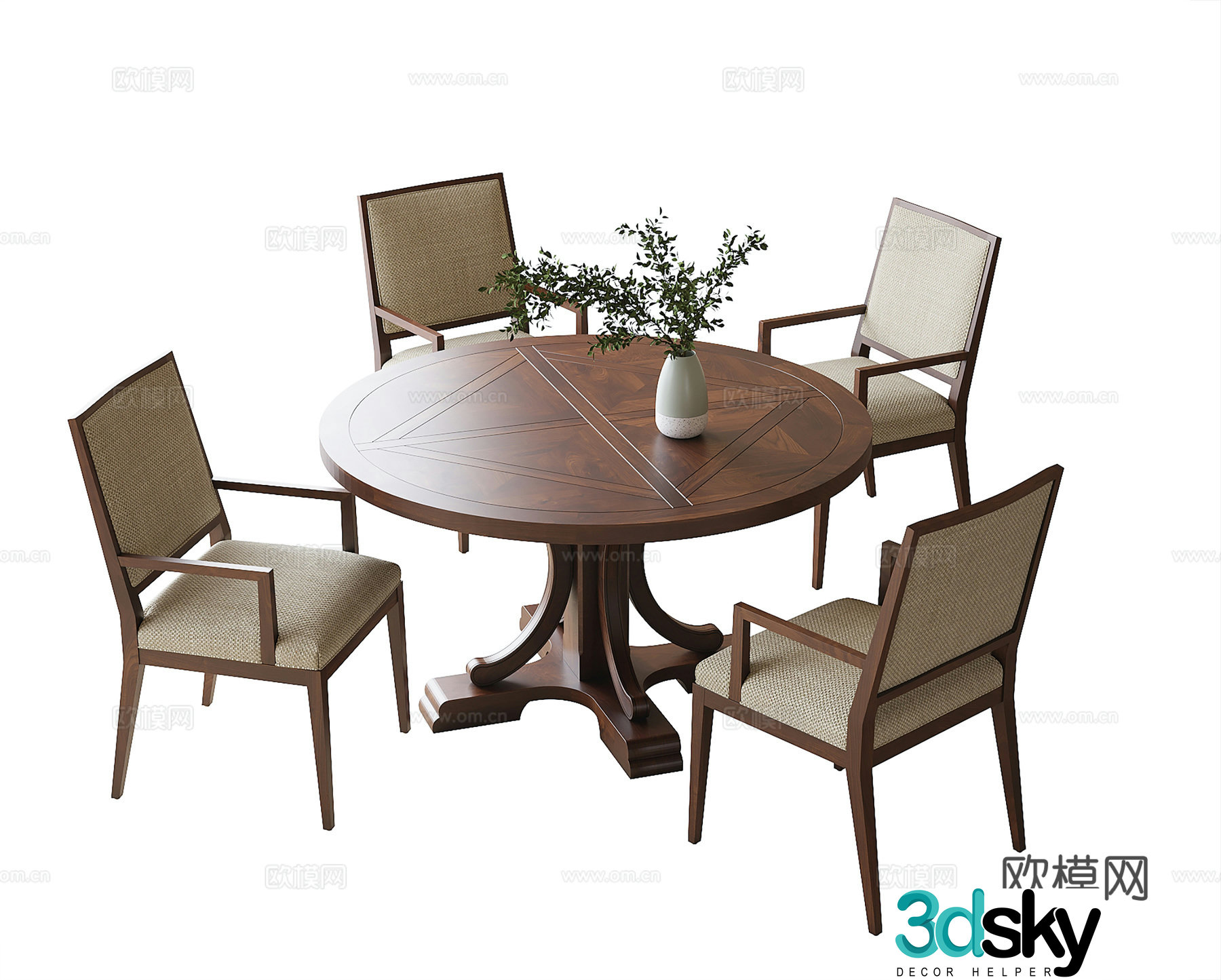 French dining table and chairs Round dining table and dining chairs Single chair 3d model