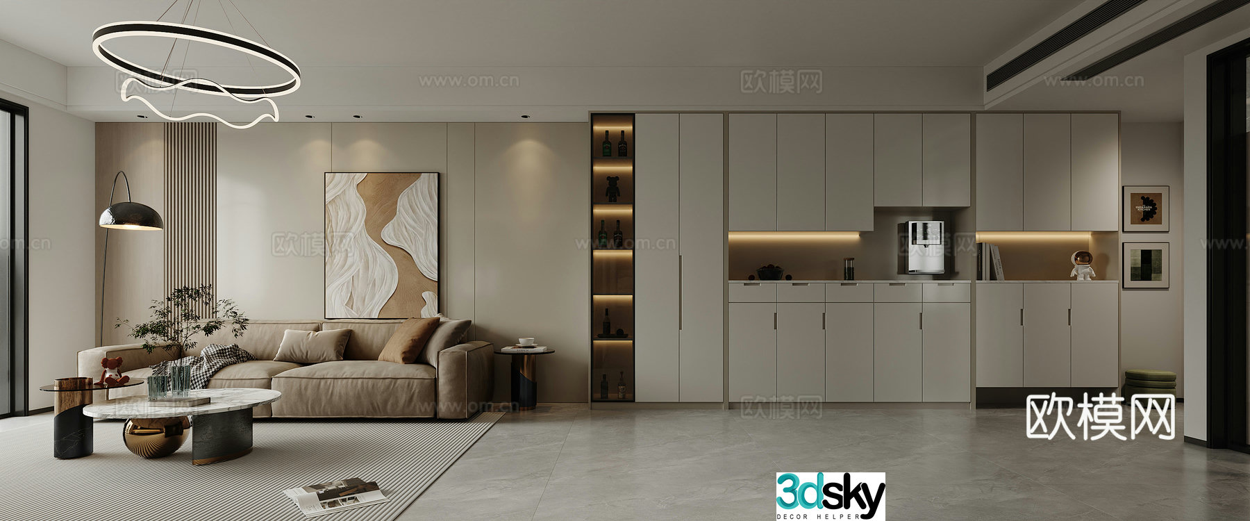 Modern living and dining room panoramic view Living room Dining room hanging painting chandeliers decorative cabinet 3d model