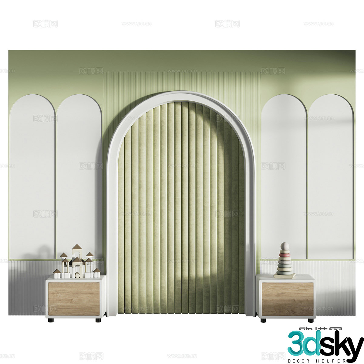 Modern creamy style children’s room bedside background wall 3d model