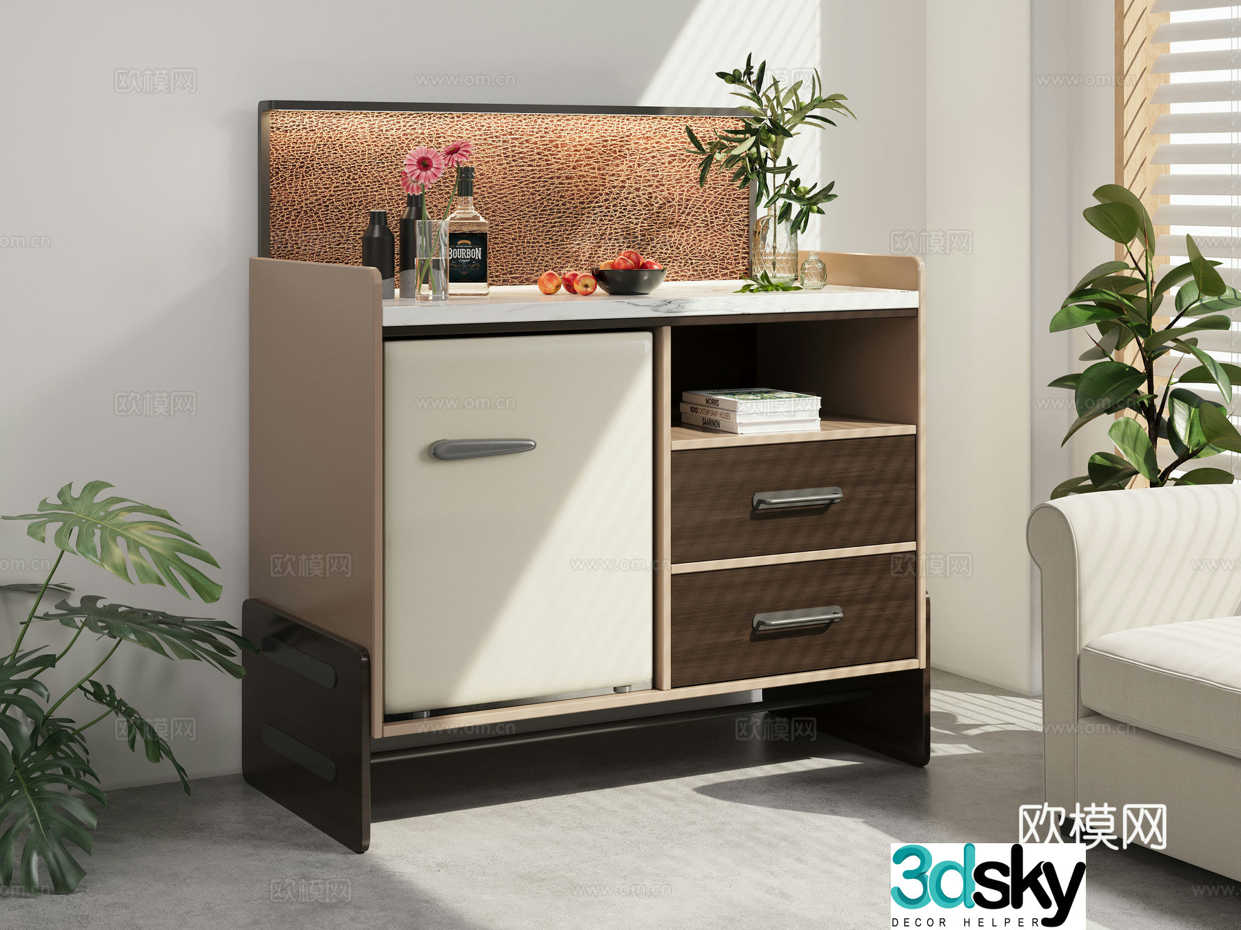 Modern simple dining side cabinet living room reception room side cabinet solid wood marble tea cabinet refrigerator storage cabinet 3D model
