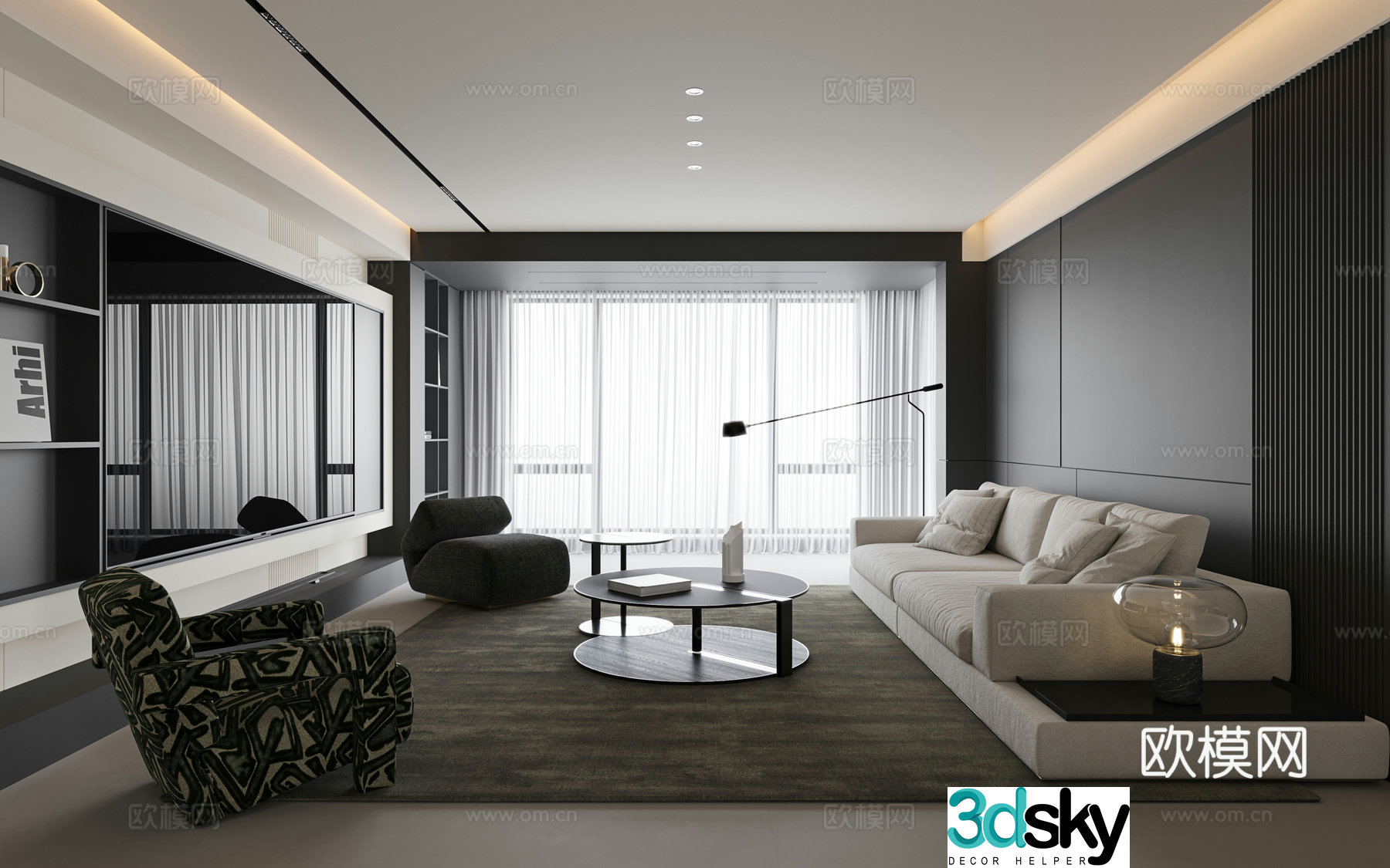 Modern black white and gray living room 3d model