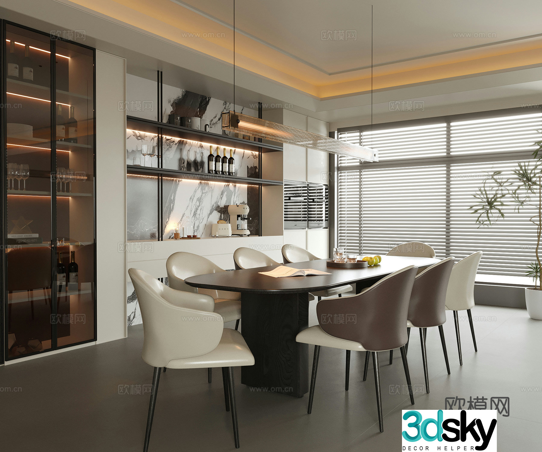 Modern restaurant dining table and chair wine cabinet sideboard 3d model